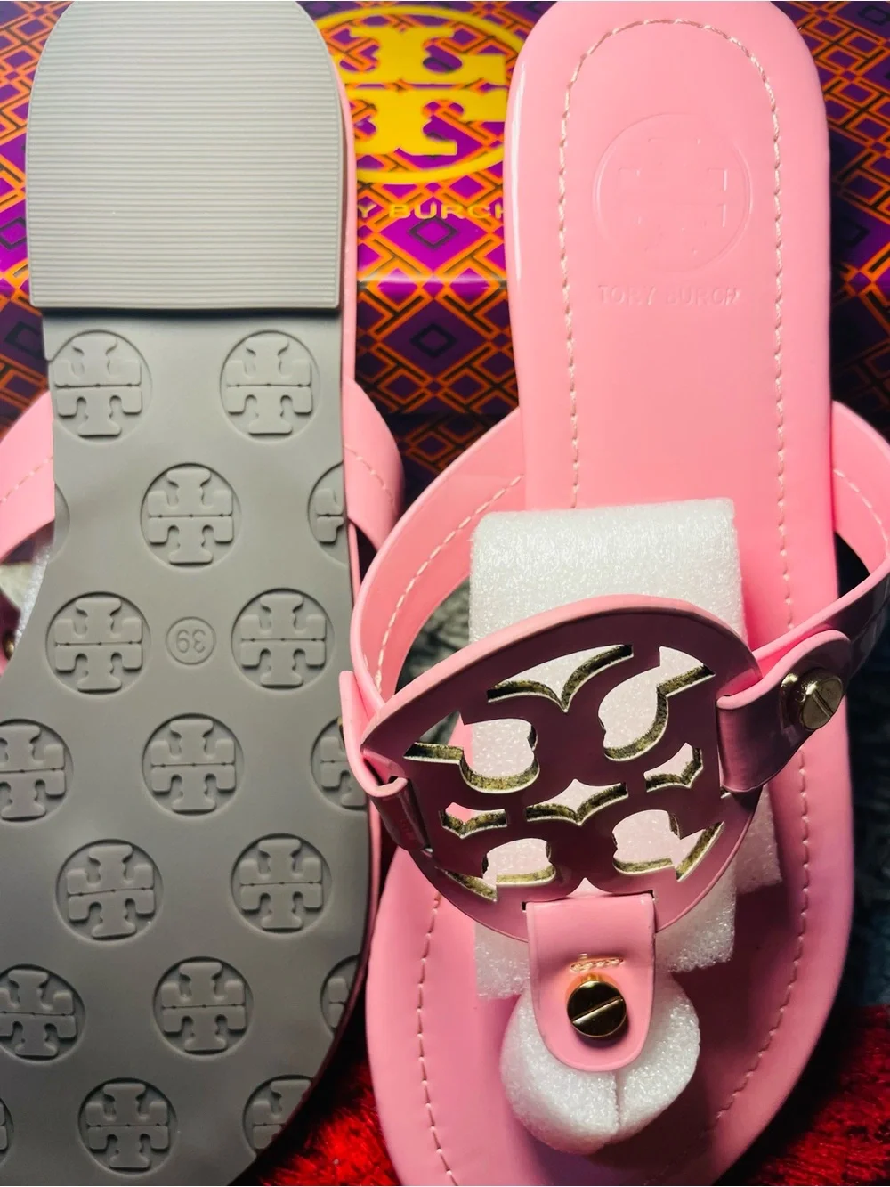 Tory Burch Pink Logo Jelly Thong Sandals with Gold Accent